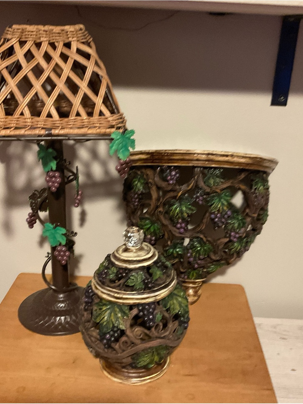 Ornate Grape Motif Ceramic Jar and Wall Shelf - Green & Purple